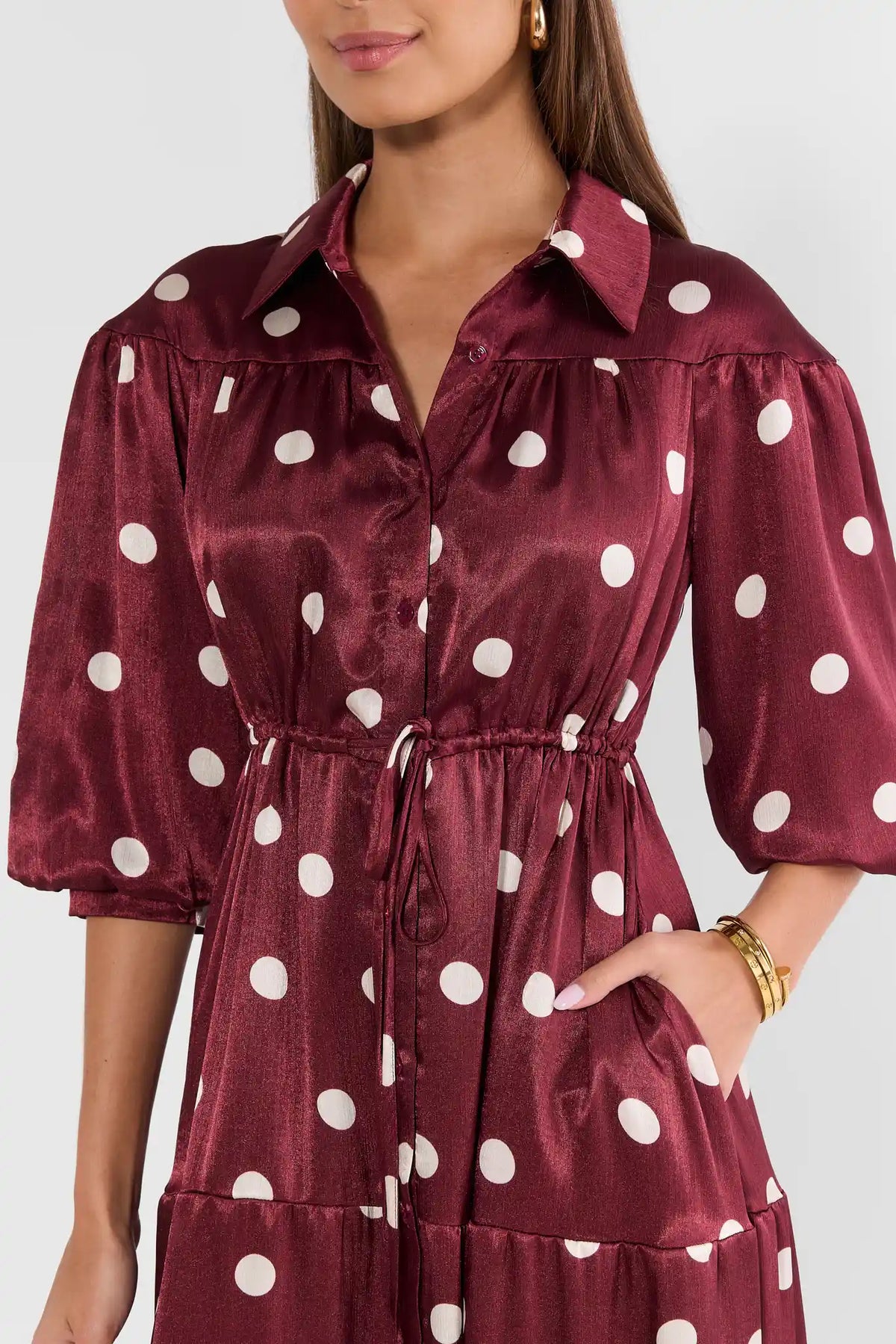 Burgundy Polka Dot Midi Dress - Close-Up Collar & Drawstring Waist Detail | Avara