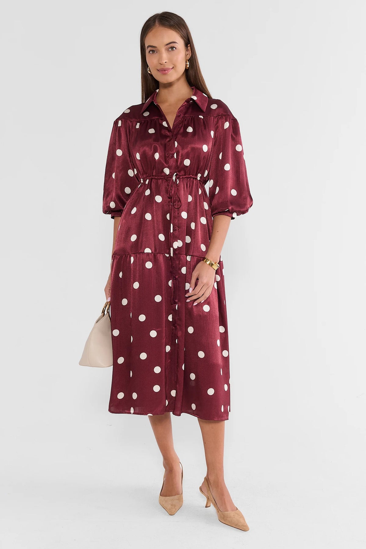 Burgundy Polka Dot Satin Midi Dress - Full Front View, Tiered Skirt & Drawstring Waist | Avara