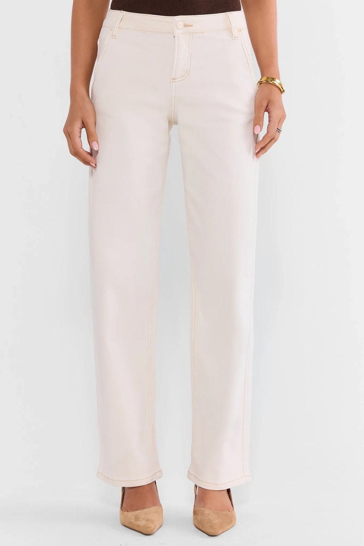 Ecru High-Rise Straight Ankle Jeans - Front View, On Model | Avara