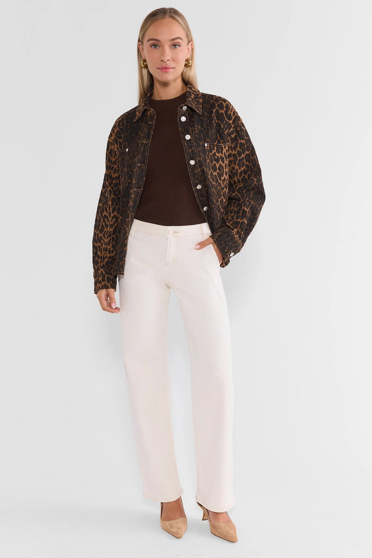 Ecru Straight Leg Jeans - Full Length Styled Look with Leopard Jacket | Avara