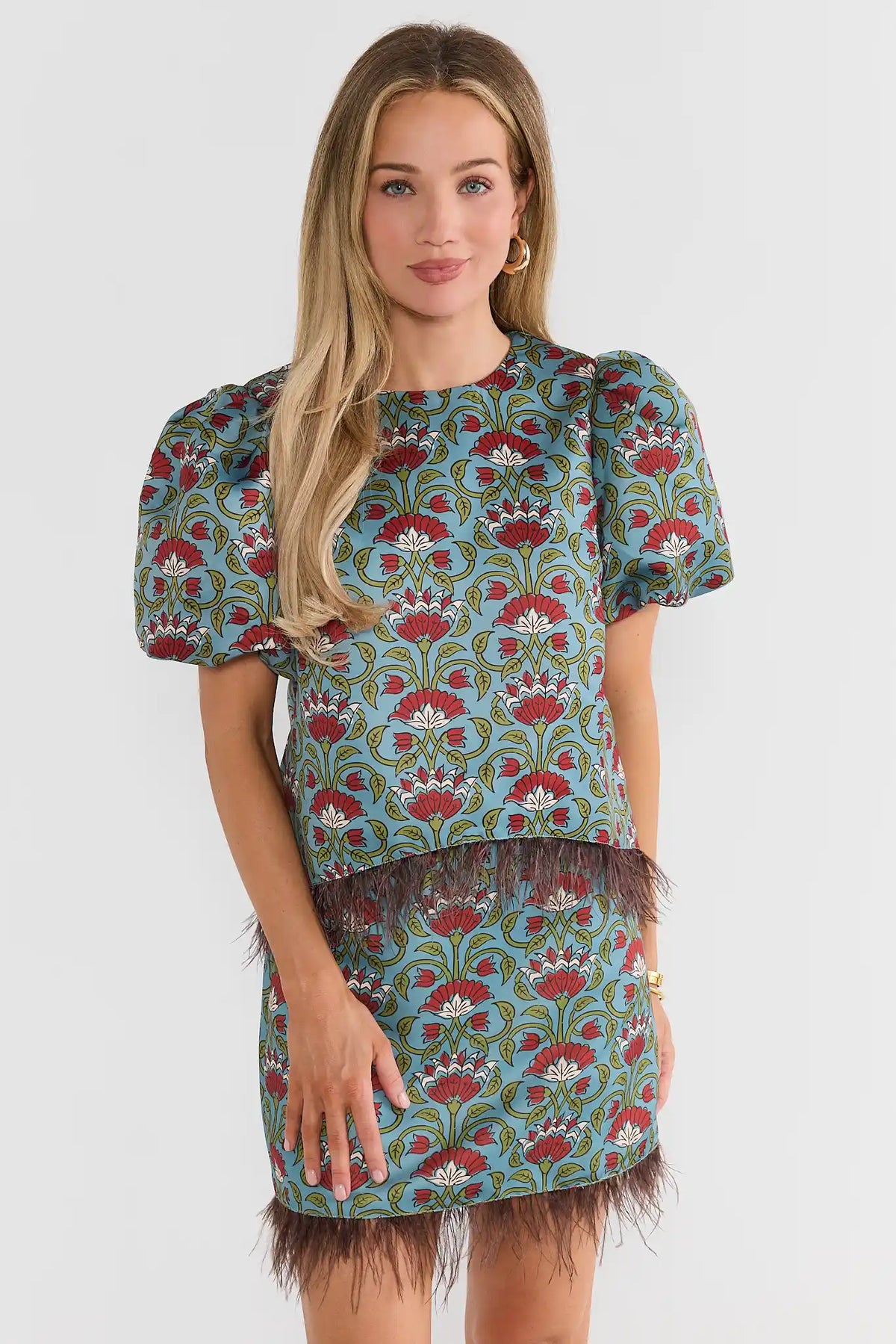 Blue Floral Printed Feather Trim Top