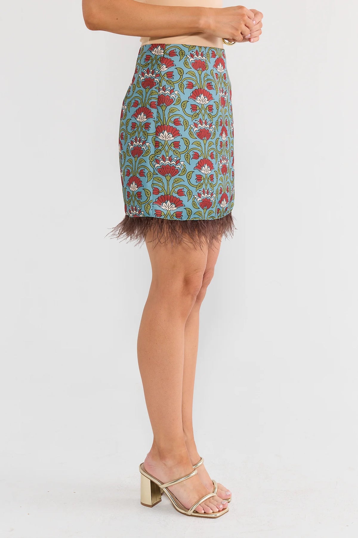 Blue Floral Printed Feather Trim Skirt