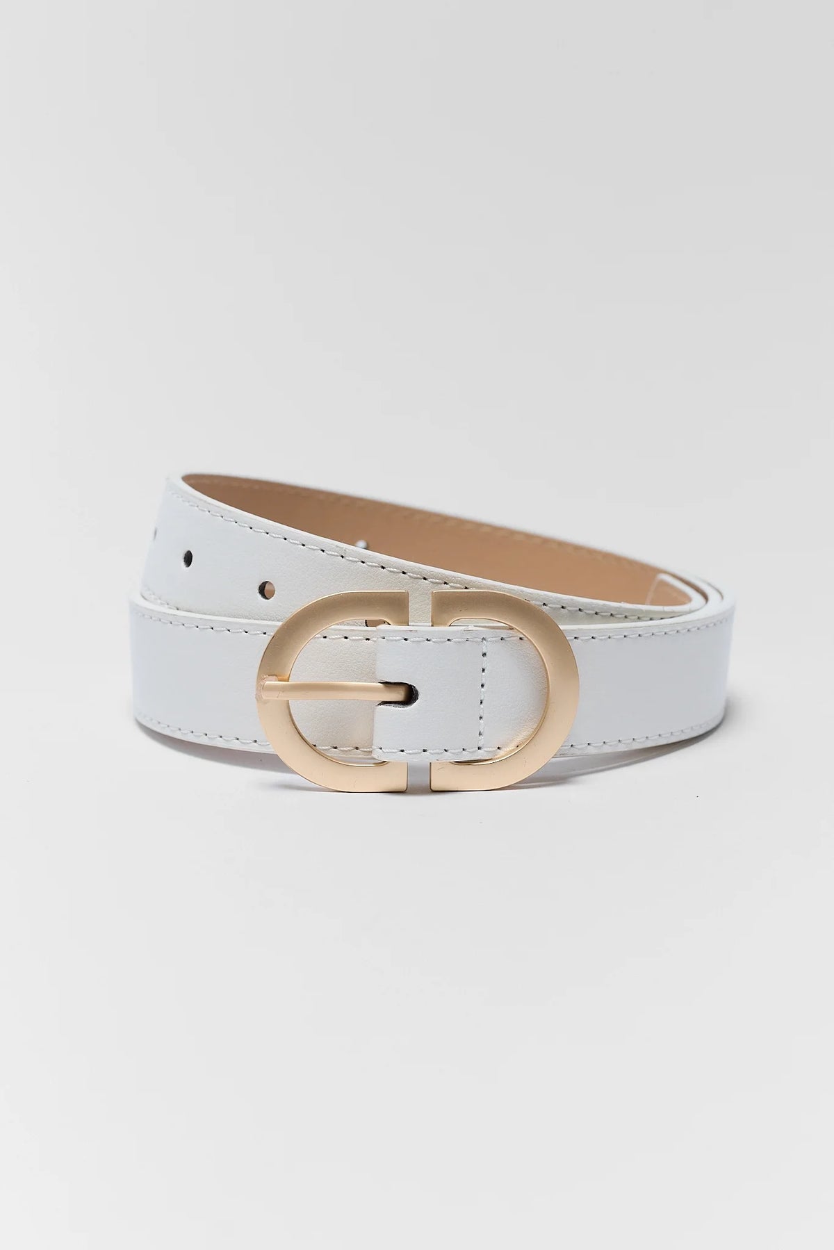 White faux leather belt with gold oval buckle, coiled - cute white belt for women | Avara