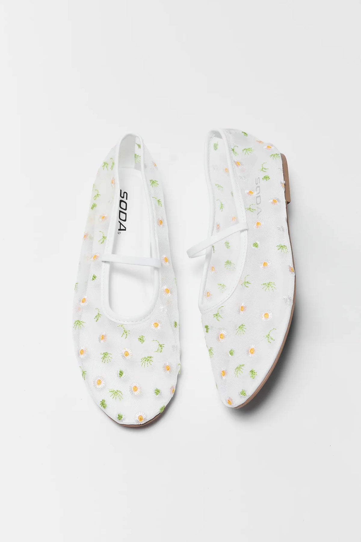 White Daisy Floral Embroidered Mesh Flats - Top View | Avara