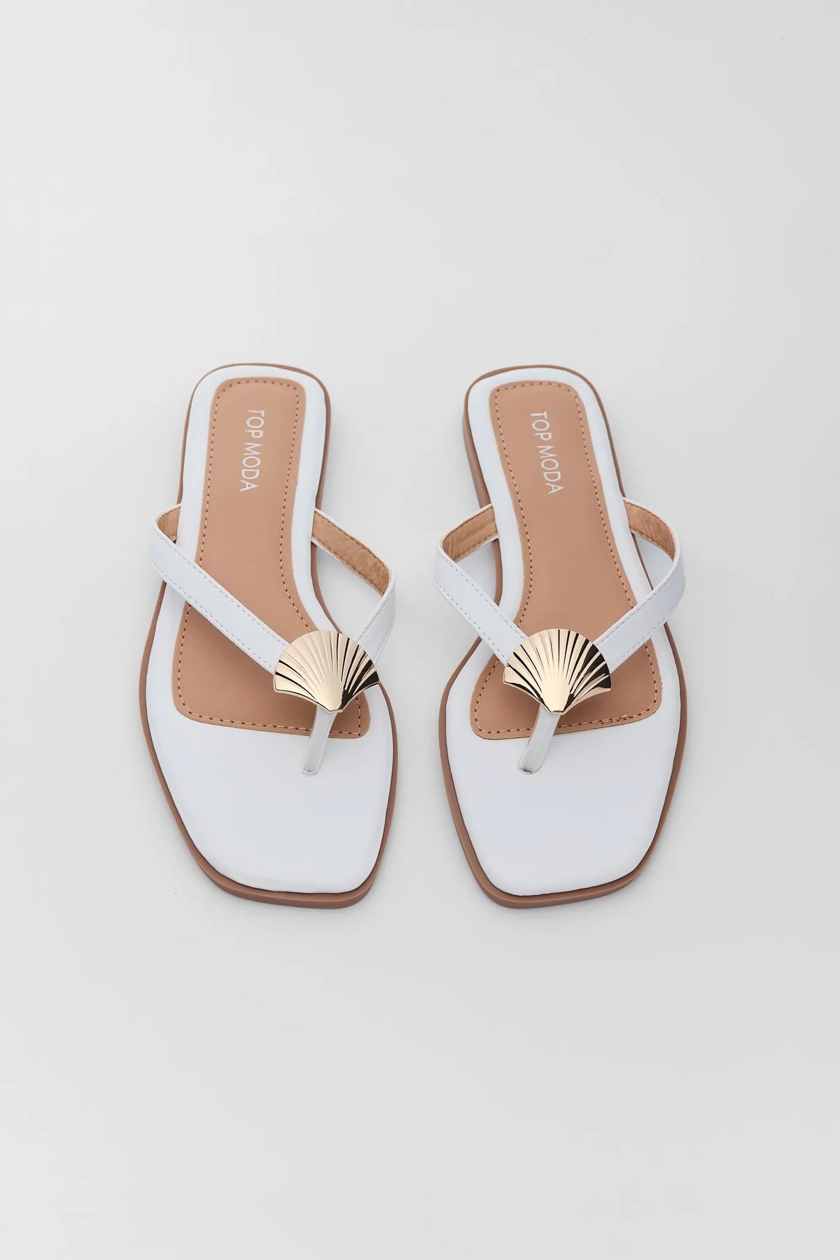 White shell sandals with gold seashell detail and square toe - Top-Down Pair View | Avara