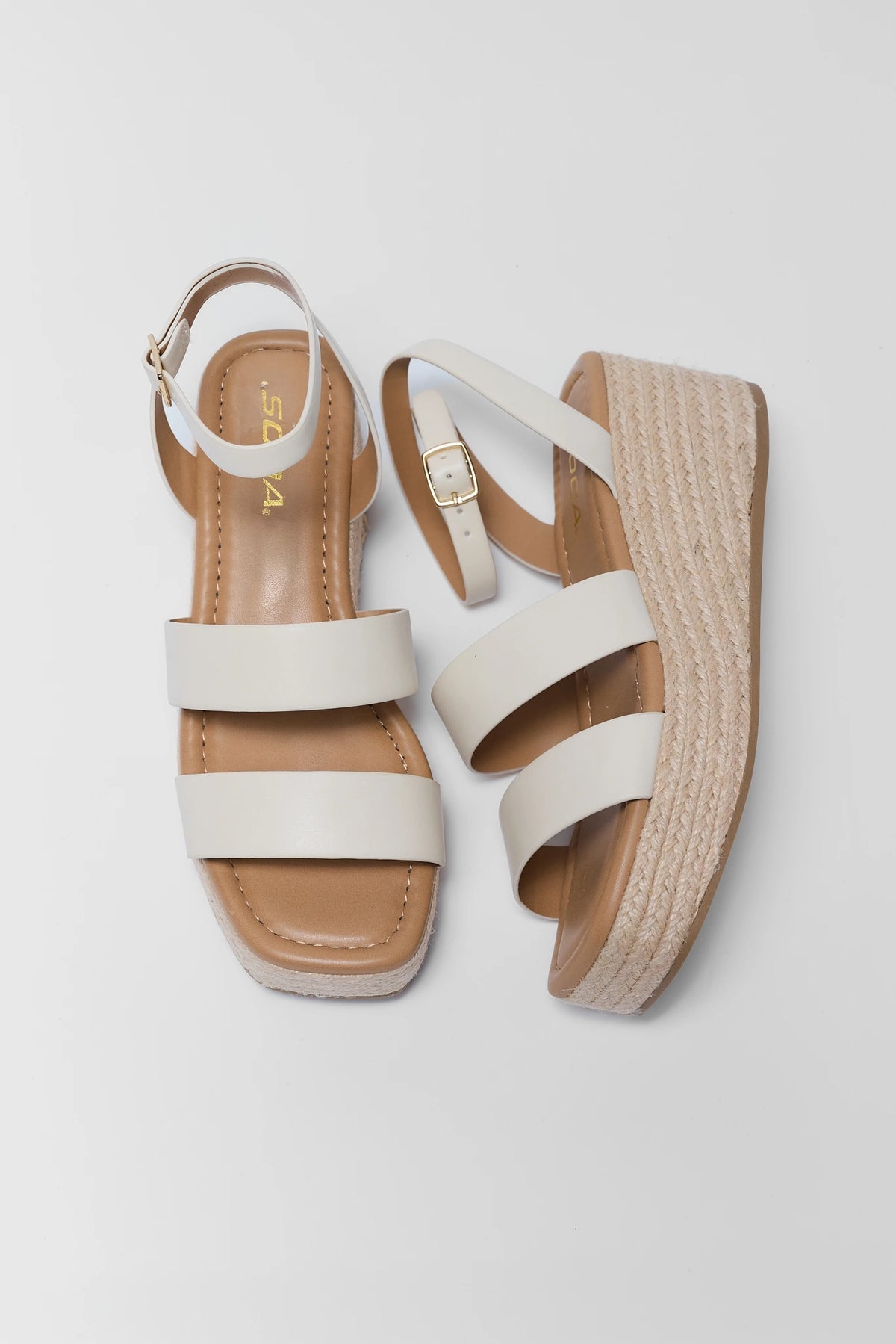 White Multi-Strap Braided Wedge Sandals - Top Flat Lay View | Avara
