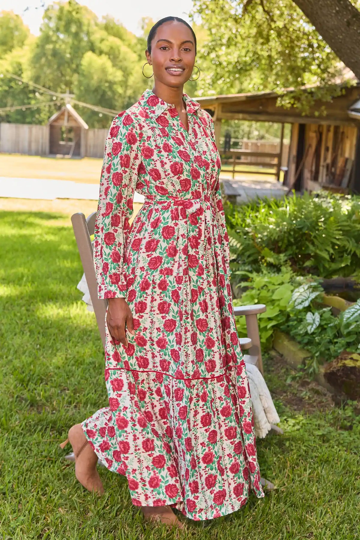 Cream Rose Print Maxi Dress - Outdoor Lifestyle Shot, Full Length | Avara