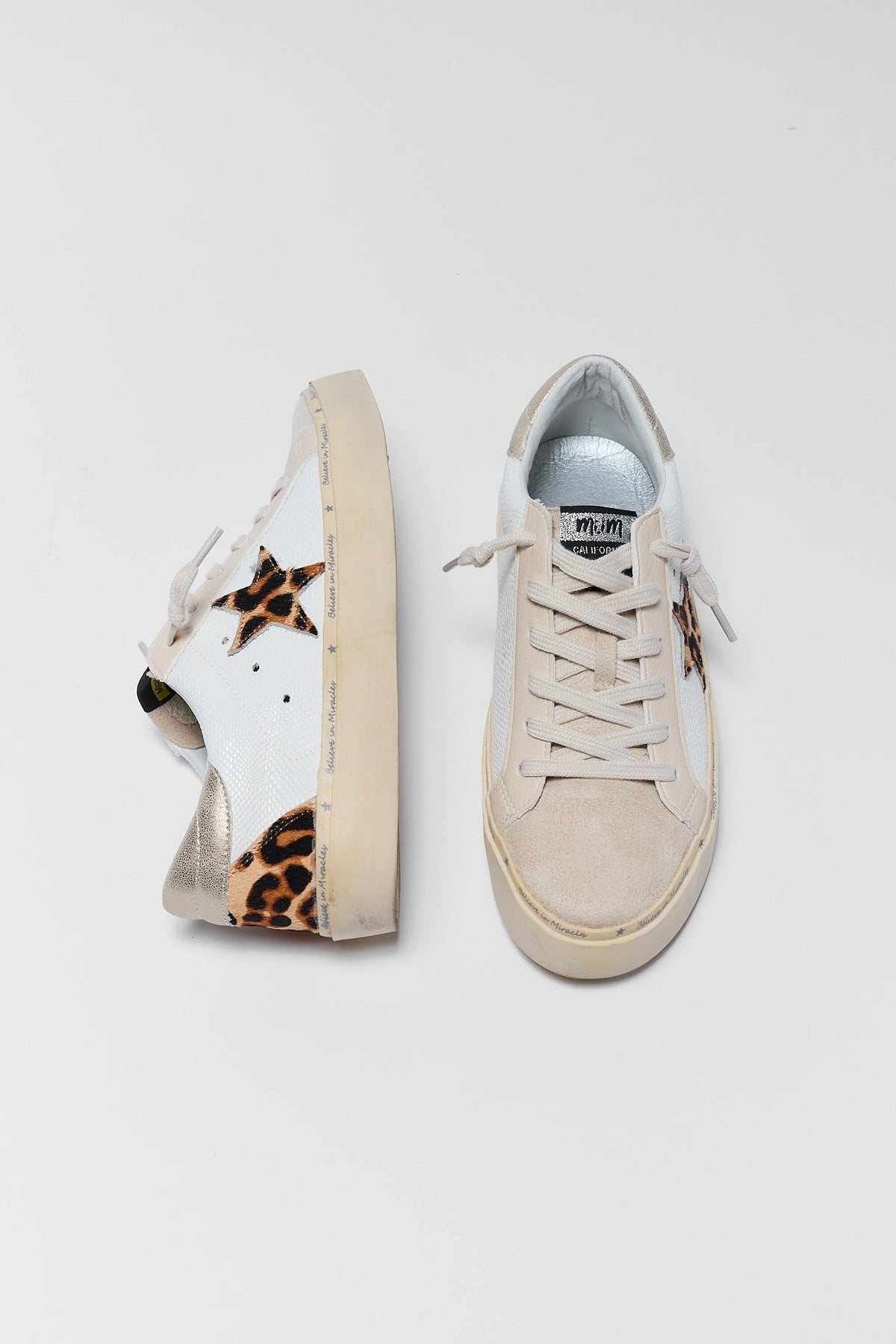 White Leopard Print Star Sneakers - Side and Top View, gold heel tab and beige suede toe | Avara