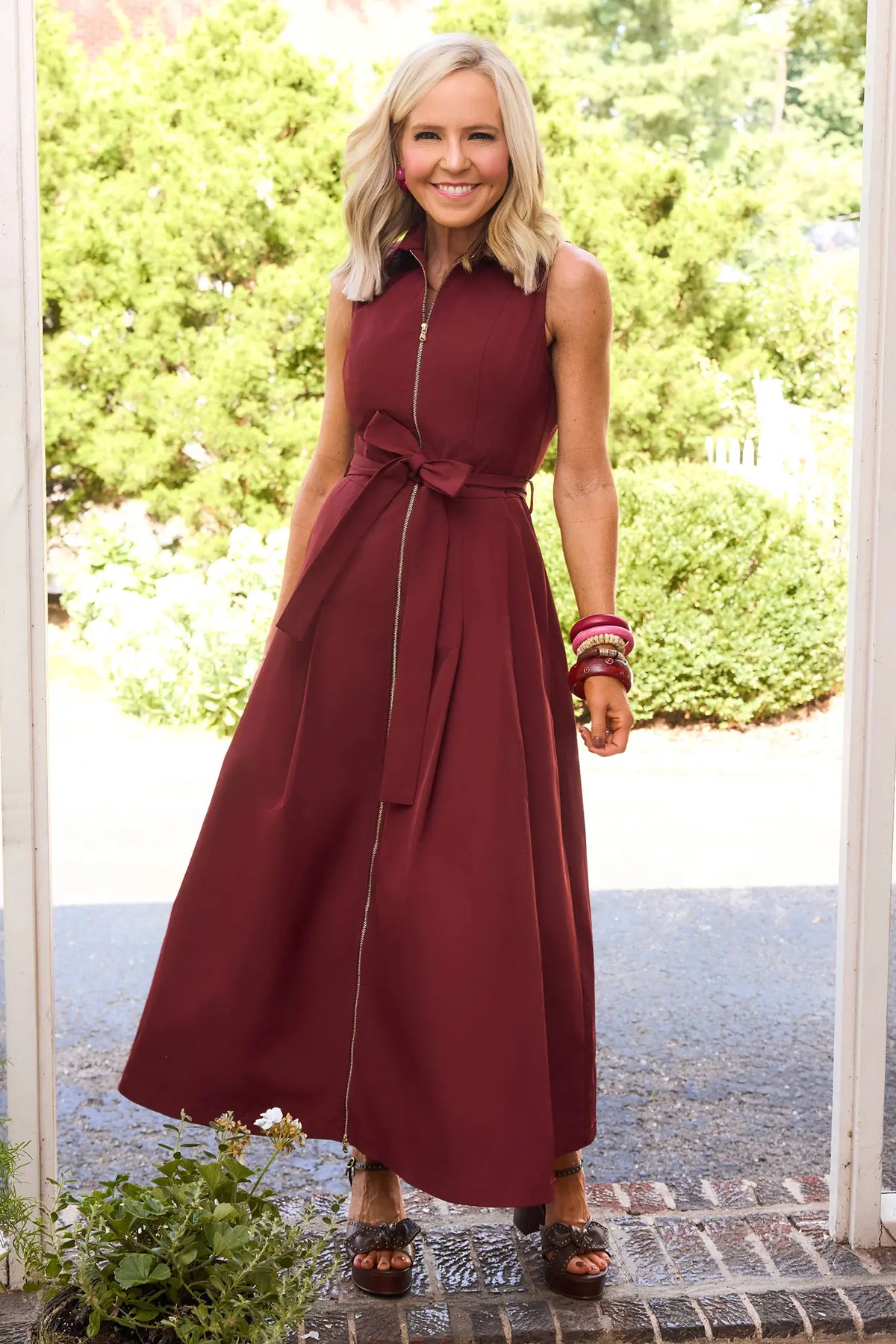 Burgundy Zip Up Collared Midi Dress - Full Length Outdoor Lifestyle Shot | Avara