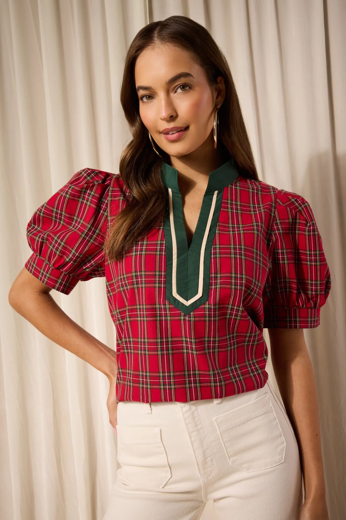 Madeline Red Plaid Contrast Trim Top